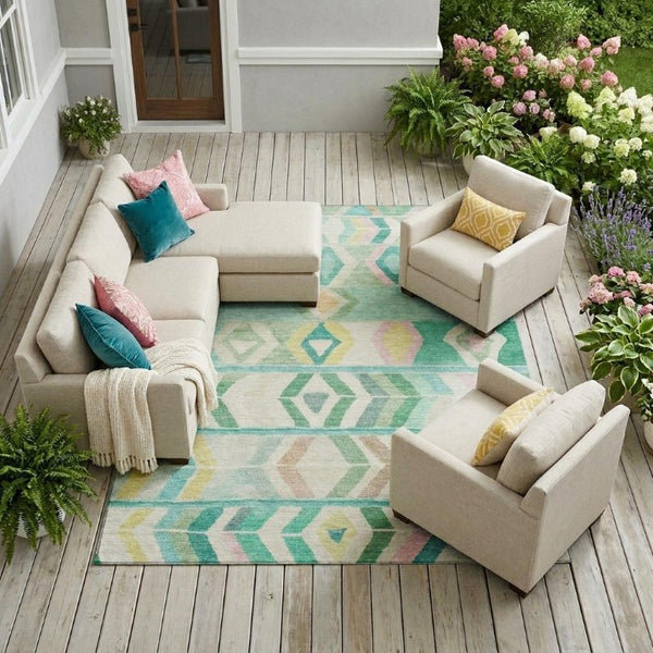 8 X 10 Tribal Geometric Polyester Area Rug Washable Stain Resistant Patio Porch