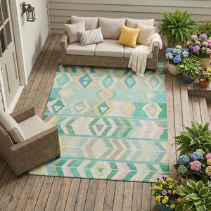 9 X 12 Turquoise Teal Tribal Polyester Area Rug for Indoor Outdoor Living Spaces