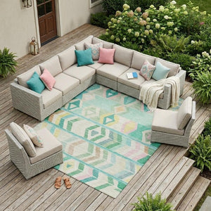 10 X 14 Turquoise Tribal Polyester Area Rug Washable Stain Resistant Indoor Outdoor