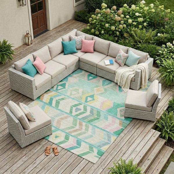 10 X 14 Turquoise Tribal Polyester Area Rug Washable Stain Resistant Indoor Outdoor