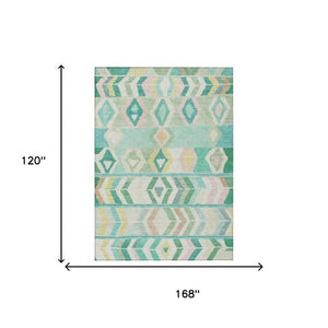 10 X 14 Turquoise Tribal Polyester Area Rug Washable Stain Resistant Indoor Outdoor