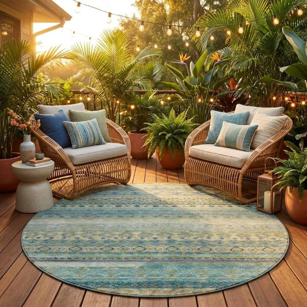 8 Foot Round Striped Polyester Area Rug for Indoor Outdoor High Traffic Spaces