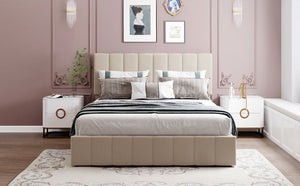 English Elm Queen Linen Upholstered Platform Bed with Hydraulic Lift Storage and Padded Headboard N708P201552A