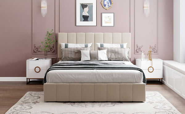 English Elm Queen Linen Upholstered Platform Bed with Hydraulic Lift Storage and Padded Headboard N708P201552A