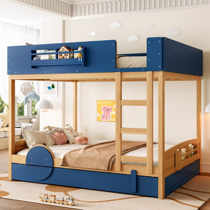English Elm Queen Bunk Bed with Trundle Solid Pine Kids Car Themed Frame Built-in Bookshelf Blue,Natural W1580S00447
