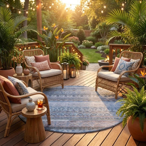 8 Ft Round Striped Polyester Area Rug Washable and Stain Resistant for Patio