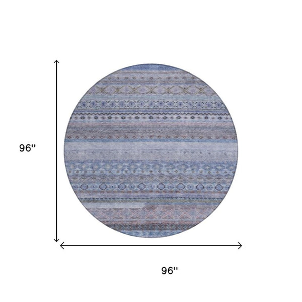 8 Ft Round Striped Polyester Area Rug Washable and Stain Resistant for Patio
