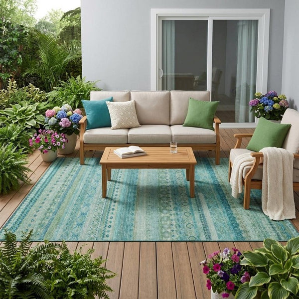 5x8 Teal Striped Polyester Area Rug Washable Stain Resistant for Patio or Living Room