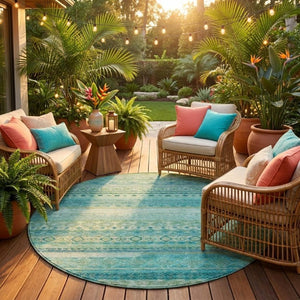 8 Foot Round Striped Teal Polyester Area Rug for Indoor Outdoor High Traffic Use
