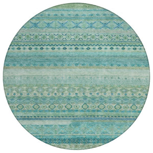 HomeRoots 8 Foot Round Striped Teal Polyester Area Rug for Indoor Outdoor High Traffic Use 738976