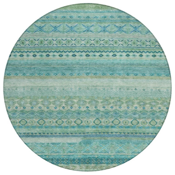 HomeRoots 8 Foot Round Striped Teal Polyester Area Rug for Indoor Outdoor High Traffic Use 738976