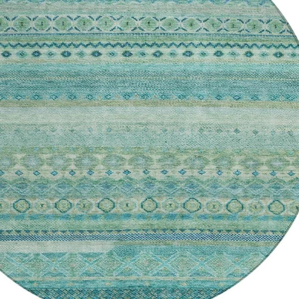 8 Foot Round Striped Teal Polyester Area Rug for Indoor Outdoor High Traffic Use