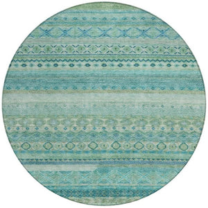 8 Foot Round Striped Teal Polyester Area Rug for Indoor Outdoor High Traffic Use