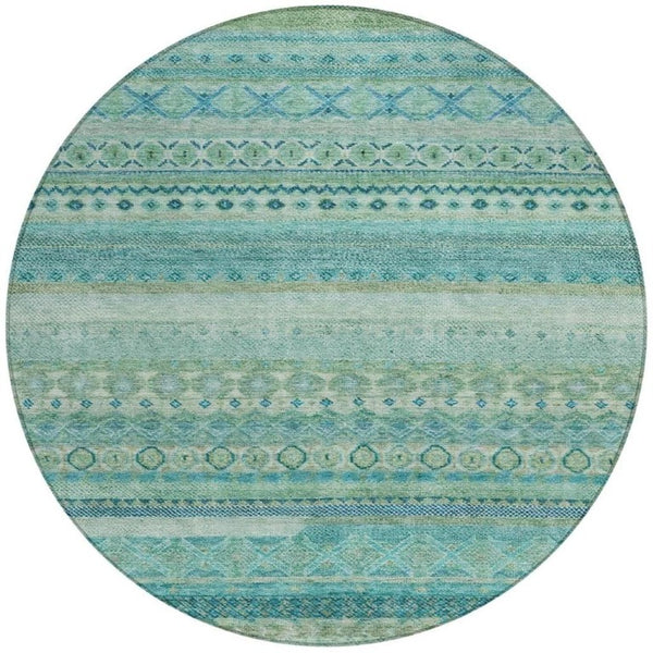 8 Foot Round Striped Teal Polyester Area Rug for Indoor Outdoor High Traffic Use