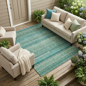 8x10 Teal Striped Washable Polyester Area Rug for Patio Porch or Living Room