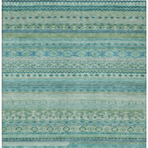 8x10 Teal Striped Washable Polyester Area Rug for Patio Porch or Living Room