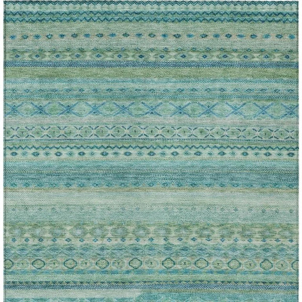 8x10 Teal Striped Washable Polyester Area Rug for Patio Porch or Living Room
