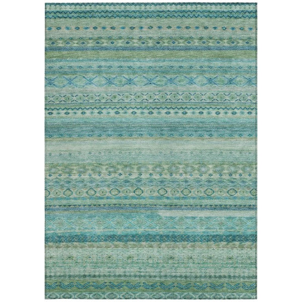 8x10 Teal Striped Washable Polyester Area Rug for Patio Porch or Living Room