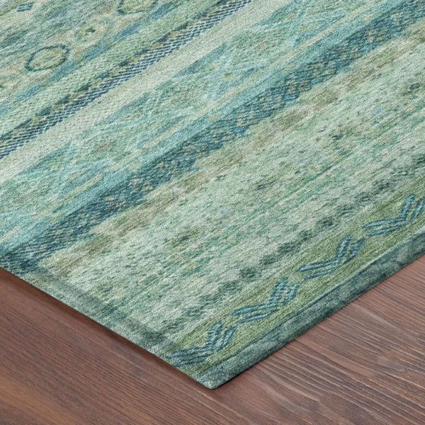 8x10 Teal Striped Washable Polyester Area Rug for Patio Porch or Living Room