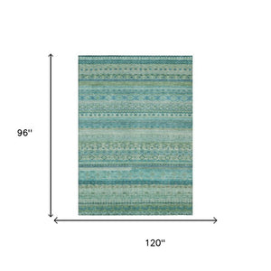 8x10 Teal Striped Washable Polyester Area Rug for Patio Porch or Living Room