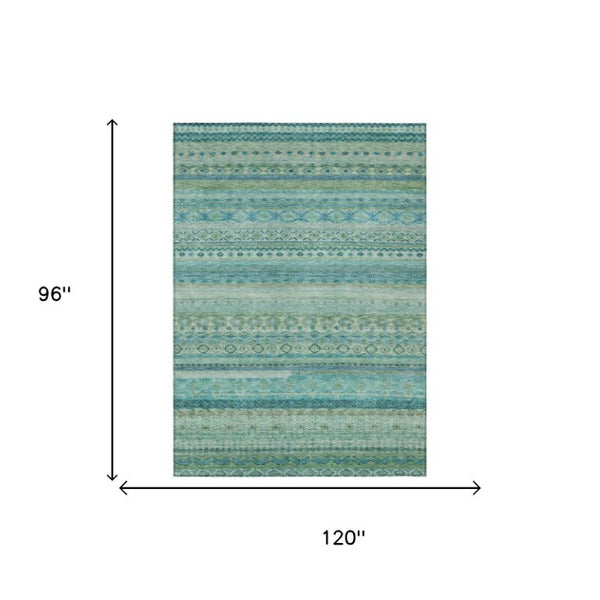 8x10 Teal Striped Washable Polyester Area Rug for Patio Porch or Living Room