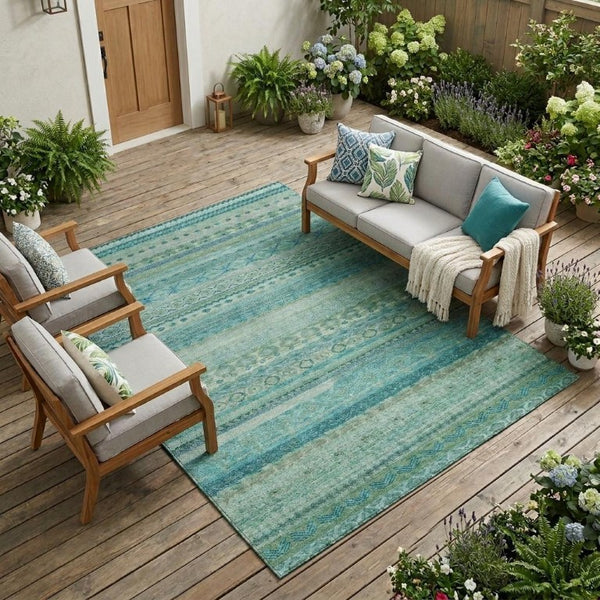9x12 Teal Striped Polyester Area Rug Washable Stain Resistant Indoor Outdoor Patio