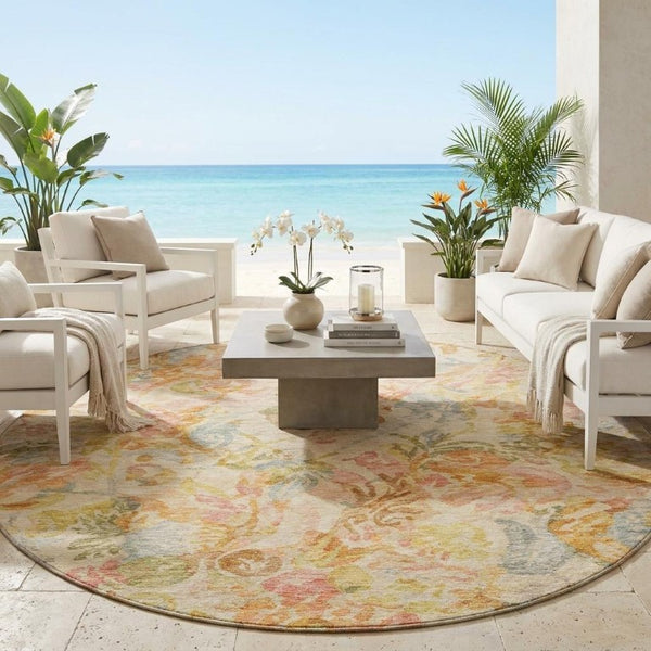 8 Ft Round Floral Polyester Area Rug Washable Pet Friendly Patio Porch Peach