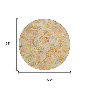 8 Ft Round Floral Polyester Area Rug Washable Pet Friendly Patio Porch Peach