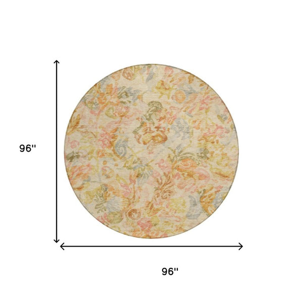 8 Ft Round Floral Polyester Area Rug Washable Pet Friendly Patio Porch Peach