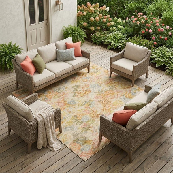 8x10 Peach Floral Polyester Area Rug Washable Stain Resistant Indoor Outdoor Use