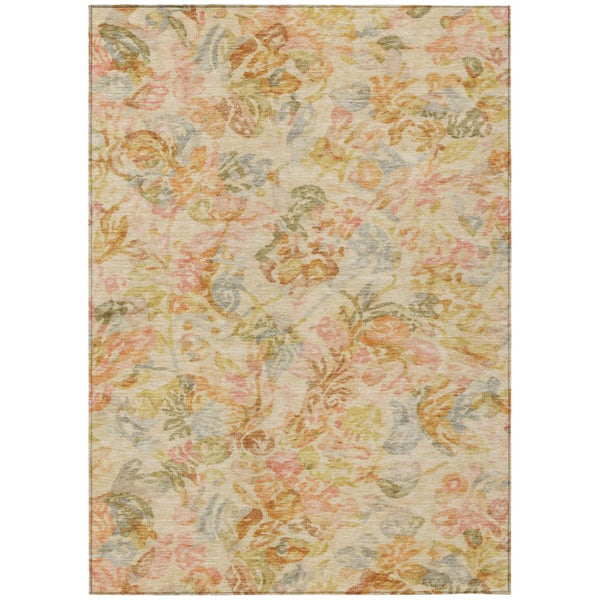 HomeRoots 8x10 Peach Floral Polyester Area Rug Washable Stain Resistant Indoor Outdoor Use 738995