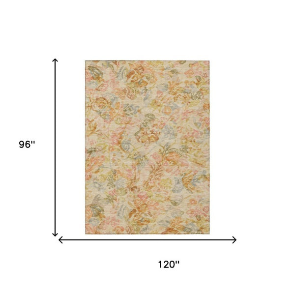 8x10 Peach Floral Polyester Area Rug Washable Stain Resistant Indoor Outdoor Use