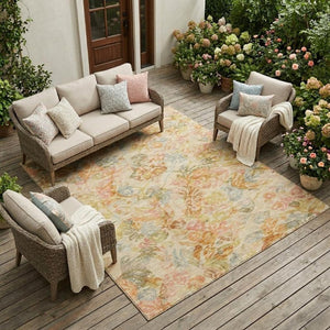 10 X 14 Peach Floral Polyester Area Rug Stain Resistant for Patio or Living Room