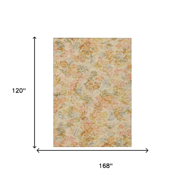 10 X 14 Peach Floral Polyester Area Rug Stain Resistant for Patio or Living Room