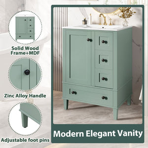 English Elm 24-inch Matte Bathroom Vanity Rubberwood Cabinet with Ceramic Sink and Soft-close Drawers Light Green N729P377516F