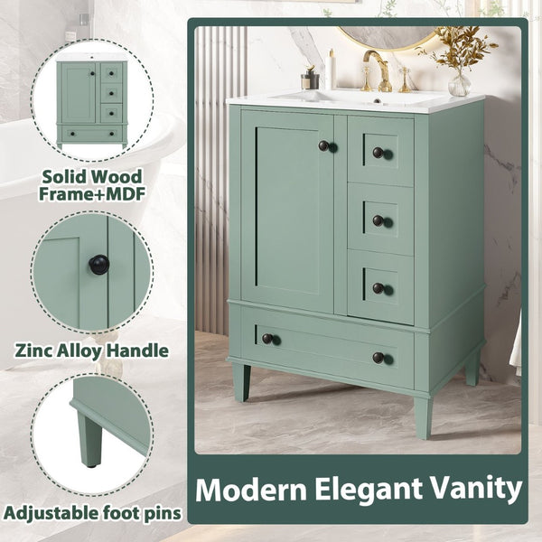 English Elm 24-inch Matte Bathroom Vanity Rubberwood Cabinet with Ceramic Sink and Soft-close Drawers Light Green N729P377516F