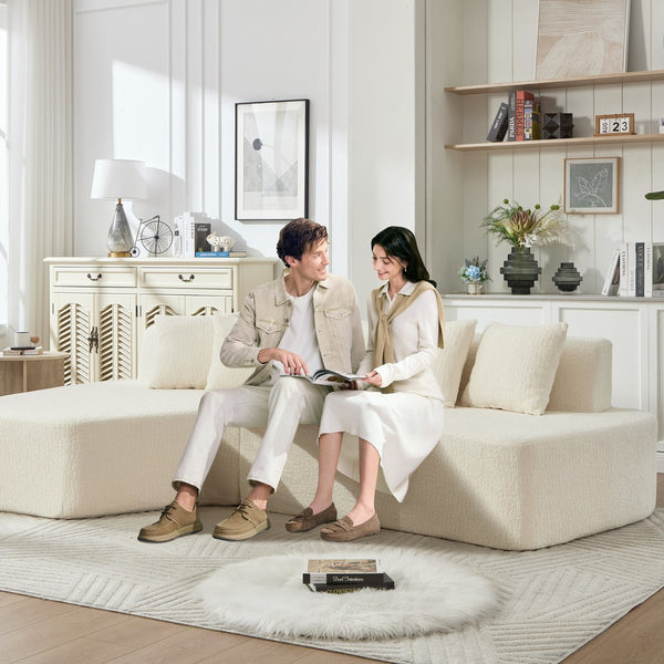 English Elm Compression Sectional Couch with Corduroy Upholstery, Deep-Seated Modular L-Shaped Sleeper Sofa, No-Assembly Comfort and Stability White W1249S00006