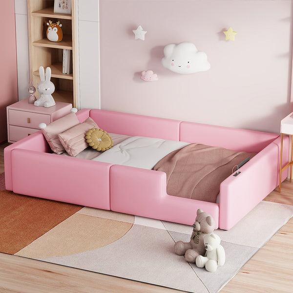 English Elm Twin Upholstered Platform Bed with Guardrail and Built-In Charging Station, Modern Sleek Design for Small Spaces Pink N709P186347H
