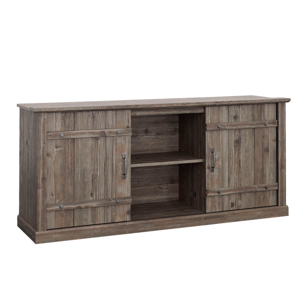 English Elm Credenza, Rustic 70" TV Stand with Sliding Barn Doors, Adjustable Shelves, Cord Management, 62" Pine Wood B356P354487