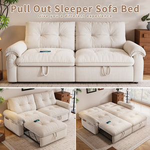 English Elm It 77-inch convertible velvet sofa bed, 2-in-1 loveseat to guest bed with steel frame, high-resilience foam comfort Beige W3820S00014