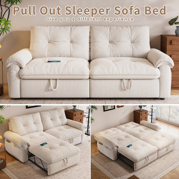 English Elm It 77-inch convertible velvet sofa bed, 2-in-1 loveseat to guest bed with steel frame, high-resilience foam comfort Beige W3820S00014