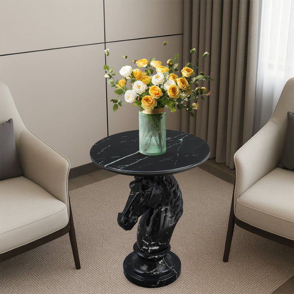 English Elm Horse Head Sculpted Resin End Table with Faux Marble Top for Bold Living Rooms Black W5398P454679
