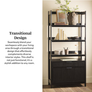 English Elm Walker Edison - Transitional Wide Reeded Bookshelf with Drawers on Bottom for Home Office, Spacious Shelving & Storage Black 75.25 L x 20.63 W x 7 H B185P200187