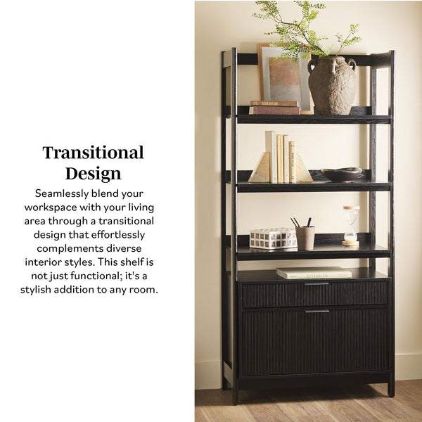 English Elm Walker Edison - Transitional Wide Reeded Bookshelf with Drawers on Bottom for Home Office, Spacious Shelving & Storage Black 75.25 L x 20.63 W x 7 H B185P200187