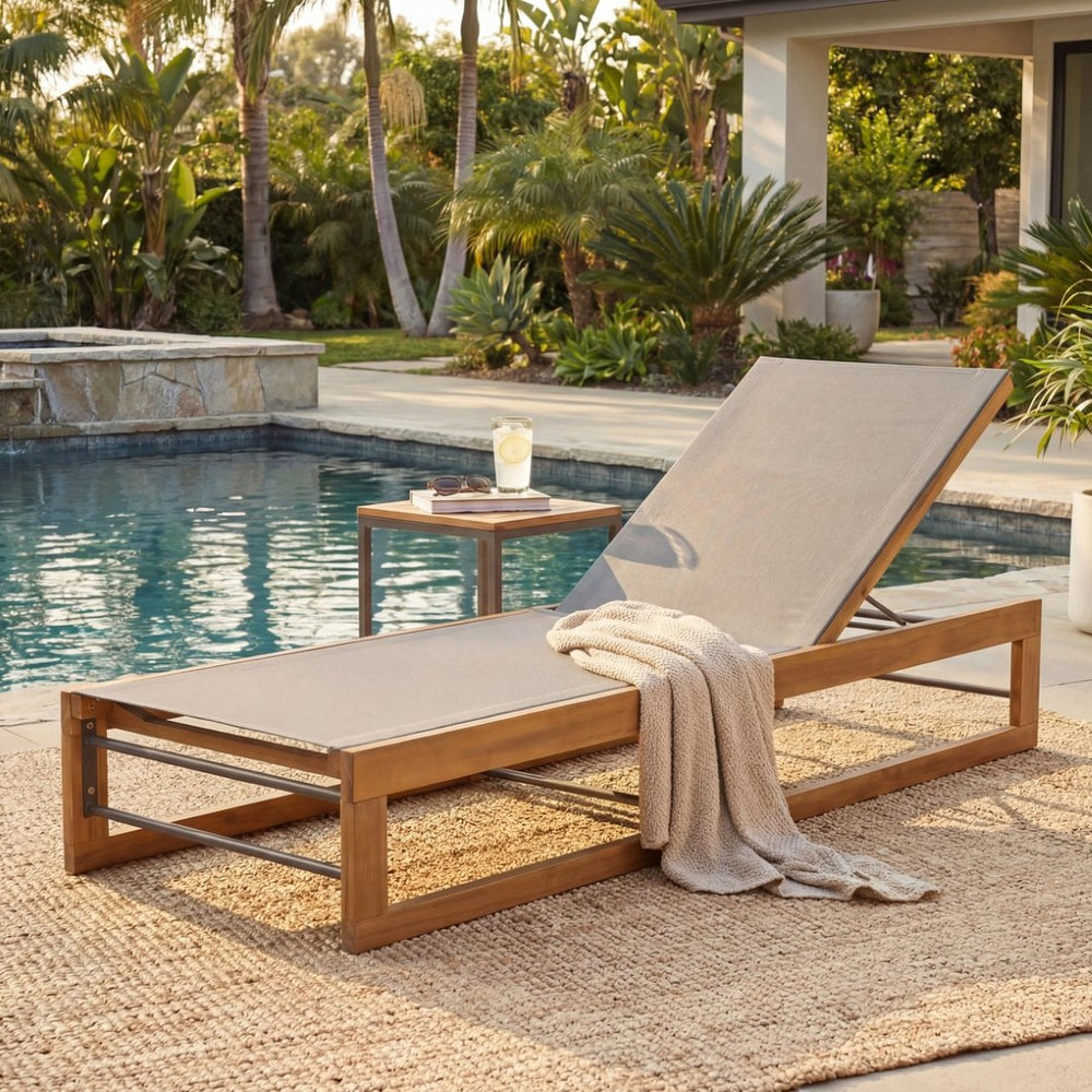 English Elm Mia Outdoor Acacia Wood Chaise Lounge with Breathable Mesh for Pool Deck or Patio N776P301491D