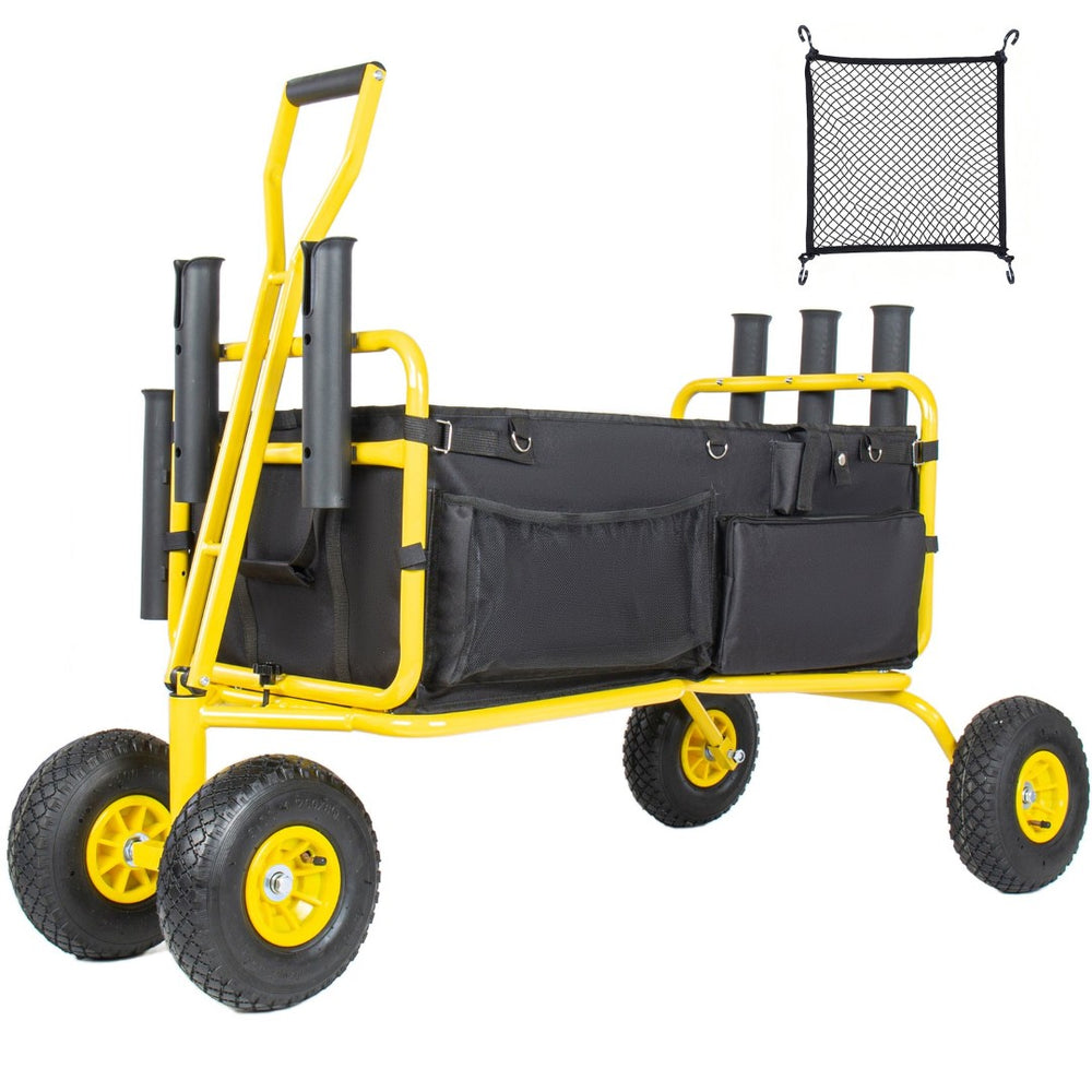 English Elm Fishing Beach Cart Collapsible Heavy Duty Wagon with All Terrain Wheels Rod Holders Yellow W2932P417636