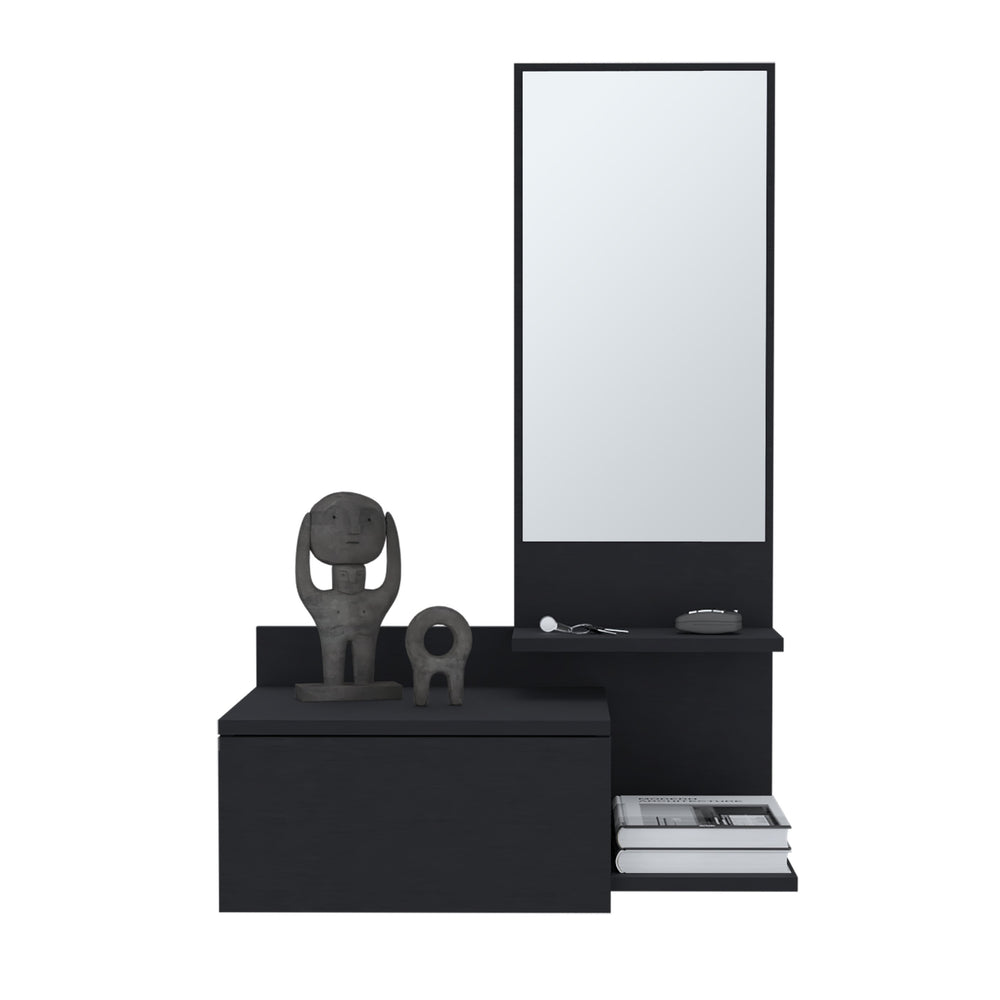 English Elm Floating Hallway Cabinet with Mirror and Drawer, 3 Open Shelves, Space-Saving Modern Entryway Storage Black 31.5 L x 18.11 W x 5.91 H B097P250897