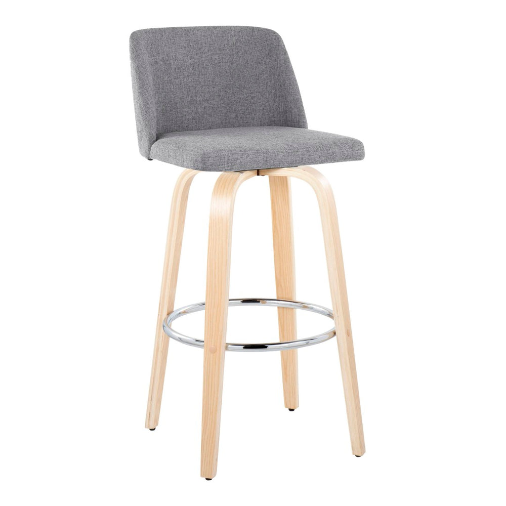 English Elm 30" Swivel Barstools Set of 2 Grey Fabric Seat Bent Wood Legs Chrome Footrest B202S00670