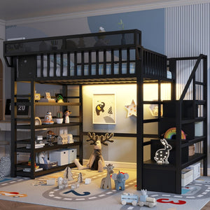 English Elm Full Metal Loft Bed with Stair Storage Rgb Lighting and Charging Station for Teens Black W2580S00074