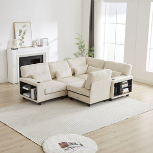 English Elm 102.75*102.75" L-Shaped Modular Sectional Sofa with Corduroy Upholstery, Storage Arm, Cup Holder, 5-Seat Convertible Lounge Beige W1926S00053